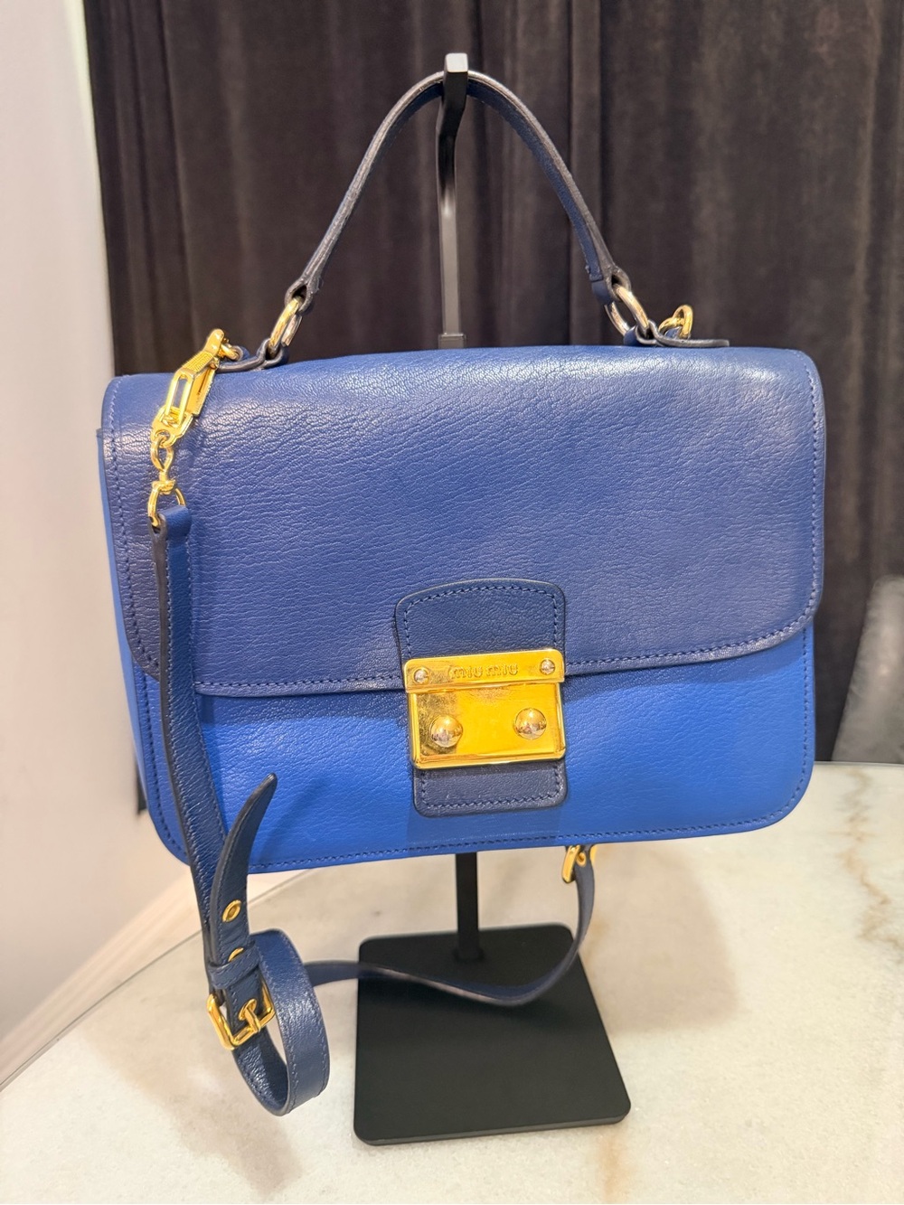Miu Miu Two-Tone Blue Leather Top-Handle Satchel with Gold Hardware